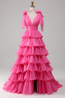Load image into Gallery viewer, Princess A-Line V-Neck Fuchsia Prom Dress With Slit