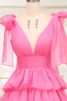 Load image into Gallery viewer, Fuchsia A Line V Neck Tiered Long Prom Dress With Slit