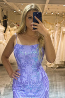 Load image into Gallery viewer, Sparkly Lilac Mermaid Backless Long Prom Dress With Sequined Appliques