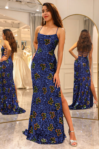 Sparkly Royal Blue Long Sequined Prom Dress With Slit