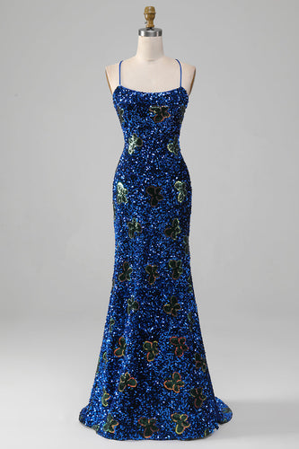 Beaded Royal Blue Corset Prom Dress with Slit