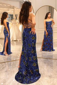 Glitter Royal Blue Long Prom Dress With Slit