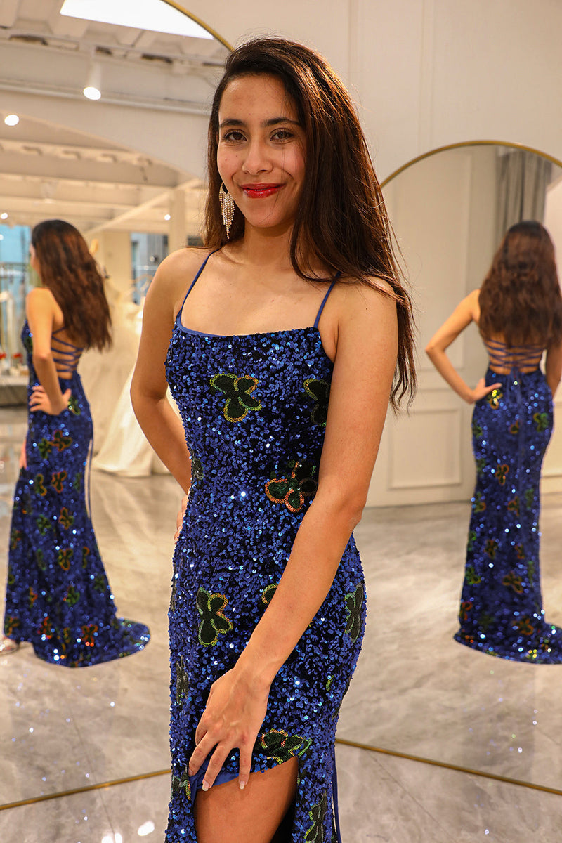 Load image into Gallery viewer, Sparkly Royal Blue Long Sequined Prom Dress With Slit