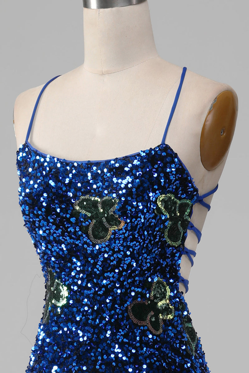 Load image into Gallery viewer, Royal Blue Mermaid Spaghetti Straps Sequins Prom Dress With Slit
