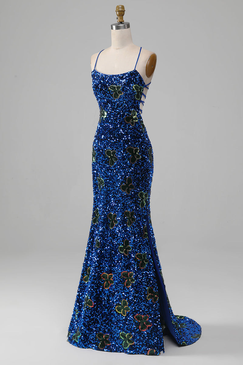 Load image into Gallery viewer, Royal Blue Mermaid Spaghetti Straps Sequins Prom Dress With Slit