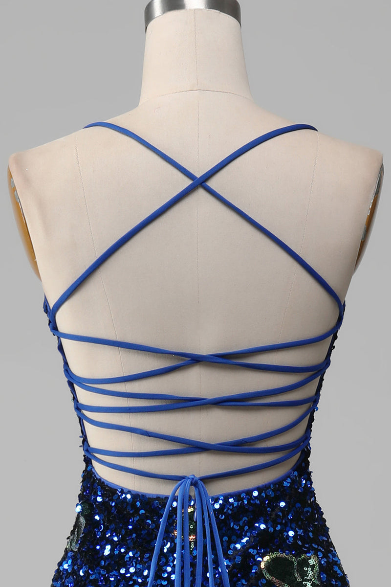Load image into Gallery viewer, Royal Blue Mermaid Spaghetti Straps Sequins Prom Dress With Slit