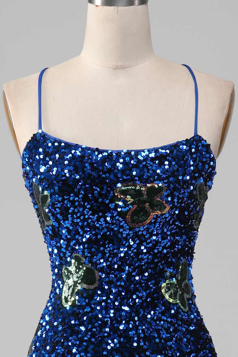 Load image into Gallery viewer, Royal Blue Mermaid Spaghetti Straps Sequins Prom Dress With Slit