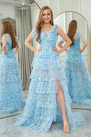 Load image into Gallery viewer, Blue A Line Tulle V Neck Tiered Long Prom Dress With Slit