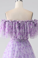 Load image into Gallery viewer, Lilac Floral Off the Shoulder Long Ruffled Prom Dress