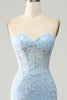 Load image into Gallery viewer, Light Blue Mermaid Sweetheart Corset Appliques Prom Dress With Side Slit
