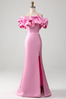 Load image into Gallery viewer, Mermaid Off the Shoulder Pink Prom Dress with Split Front