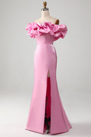 Load image into Gallery viewer, Mermaid Off the Shoulder Pink Prom Dress with Split Front
