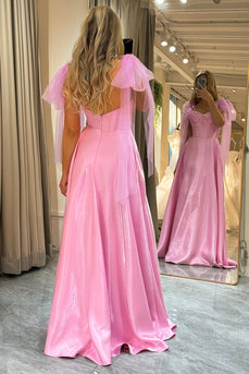 Pink A Line Backless Long Corset Prom Dress With Lace