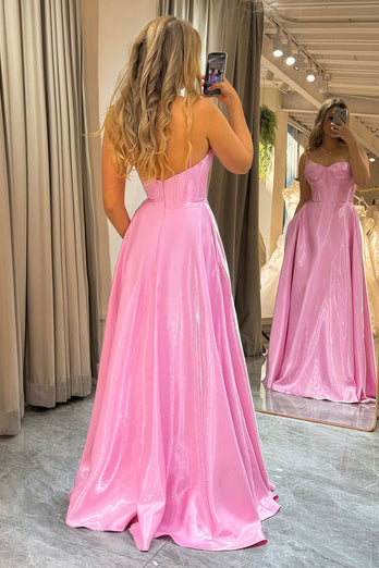 Pink A Line Backless Long Corset Prom Dress With Lace
