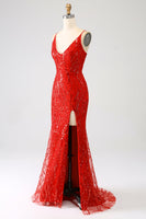 Load image into Gallery viewer, Glitter Red Mermaid Long Sequins Prom Dress with Slit