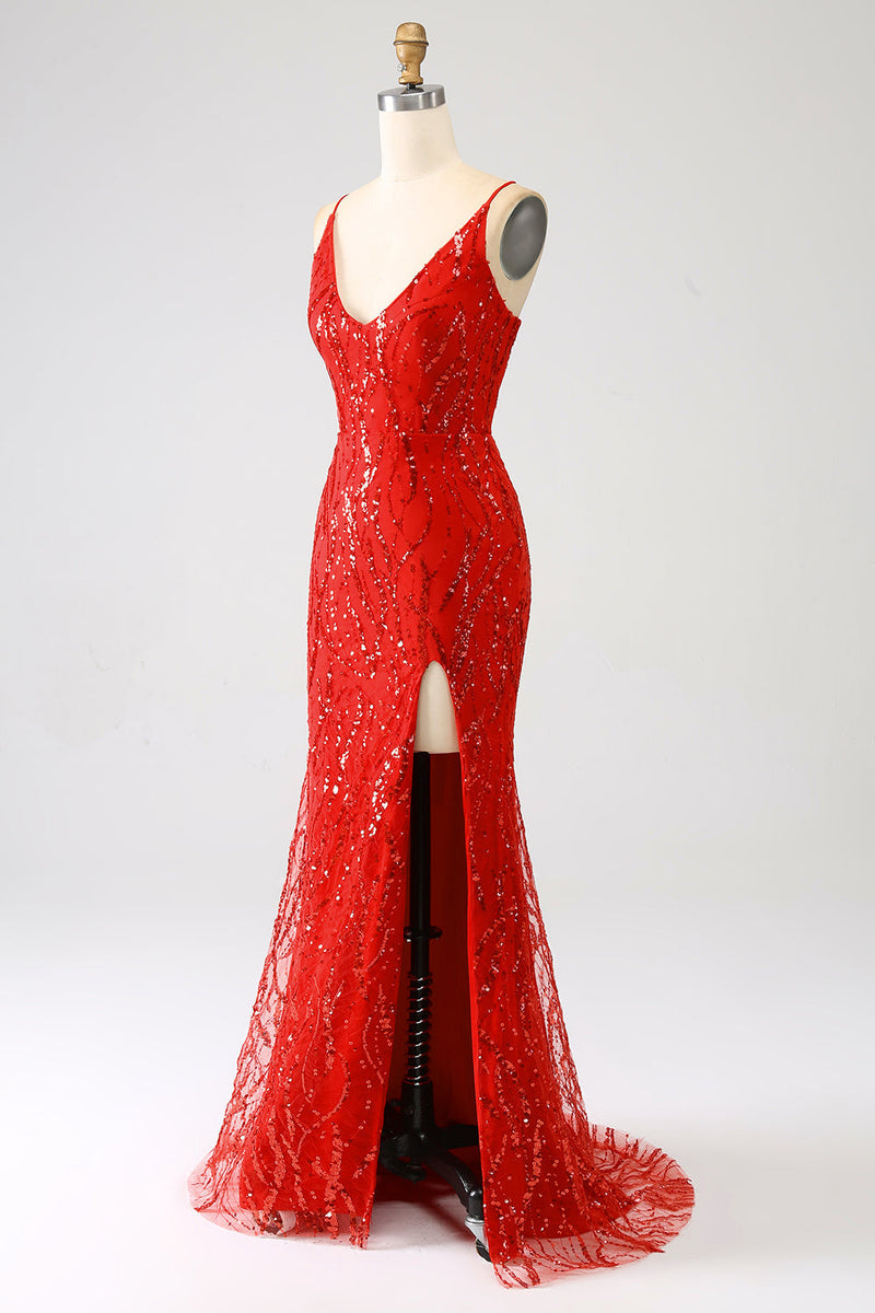 Load image into Gallery viewer, Glitter Red Mermaid Long Sequins Prom Dress with Slit