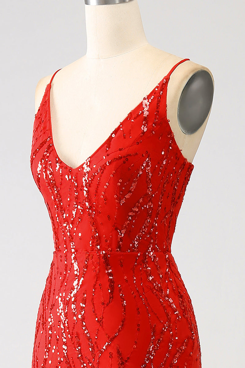Load image into Gallery viewer, Glitter Red Mermaid Long Sequins Prom Dress with Slit