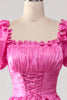 Load image into Gallery viewer, Puff Sleeves Hot Pink Prom Dress with Ruffles