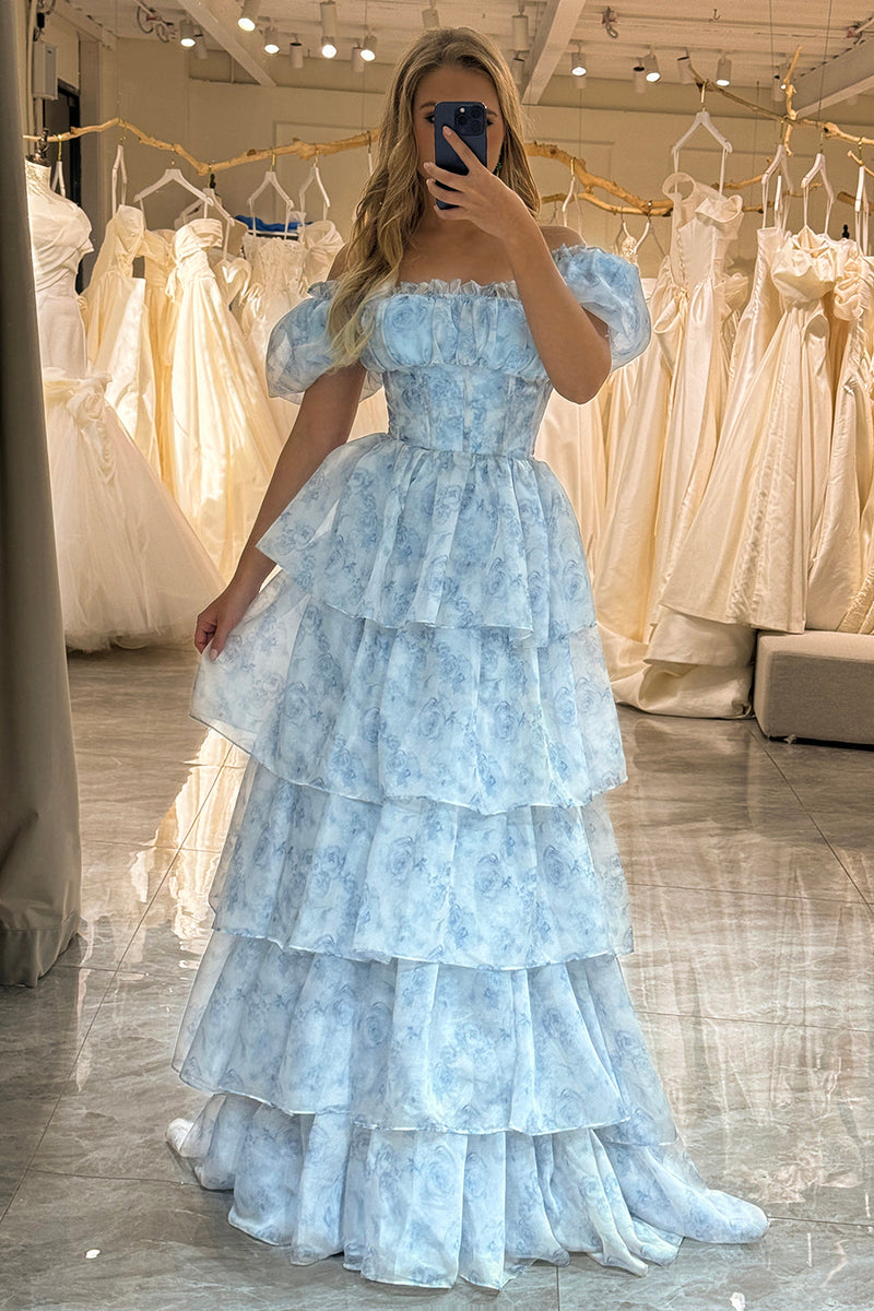Load image into Gallery viewer, Light Blue A Line Long Tiered Corset Prom Dress