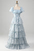 Load image into Gallery viewer, Women Light Blue Tiered Prom Dress with Corset Printed Party Dress with Puff Sleeves