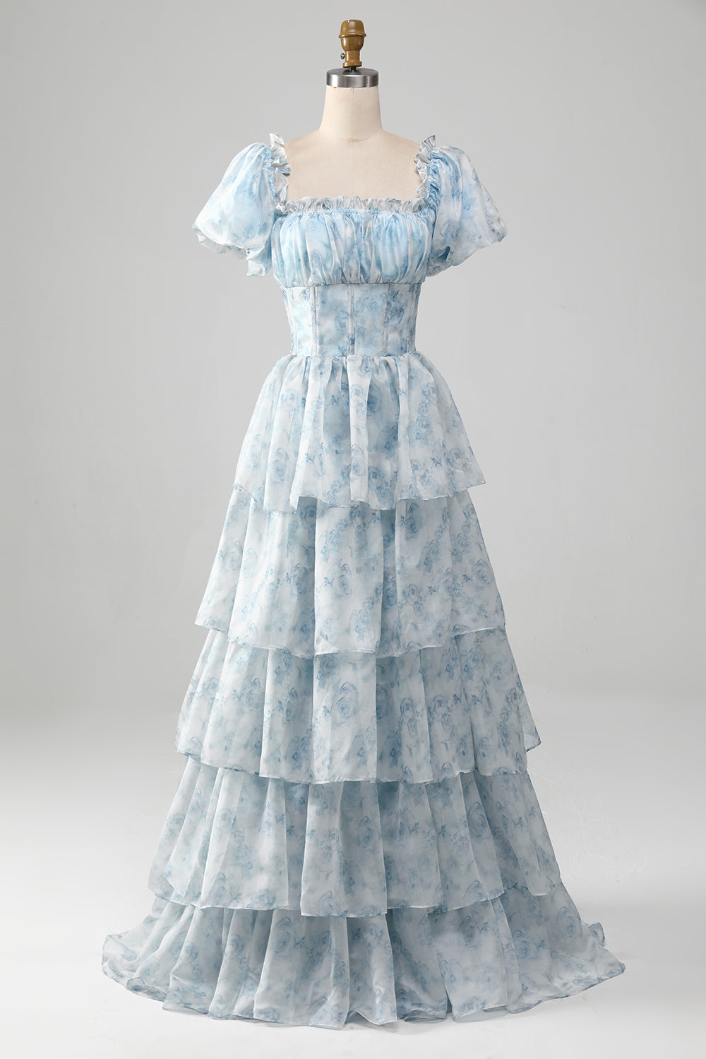 Women Light Blue Tiered Prom Dress with Corset Printed Party Dress with Puff Sleeves