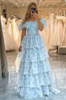 Load image into Gallery viewer, Light Blue A Line Long Tiered Corset Prom Dress
