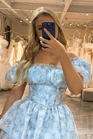 Load image into Gallery viewer, Light Blue A Line Long Tiered Corset Prom Dress