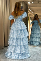 Load image into Gallery viewer, Light Blue A Line Long Tiered Corset Prom Dress