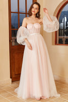 Load image into Gallery viewer, Pink Polka Dots Wedding Dress with Puff Sleeves