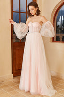 Load image into Gallery viewer, Pink Polka Dots Wedding Dress with Puff Sleeves