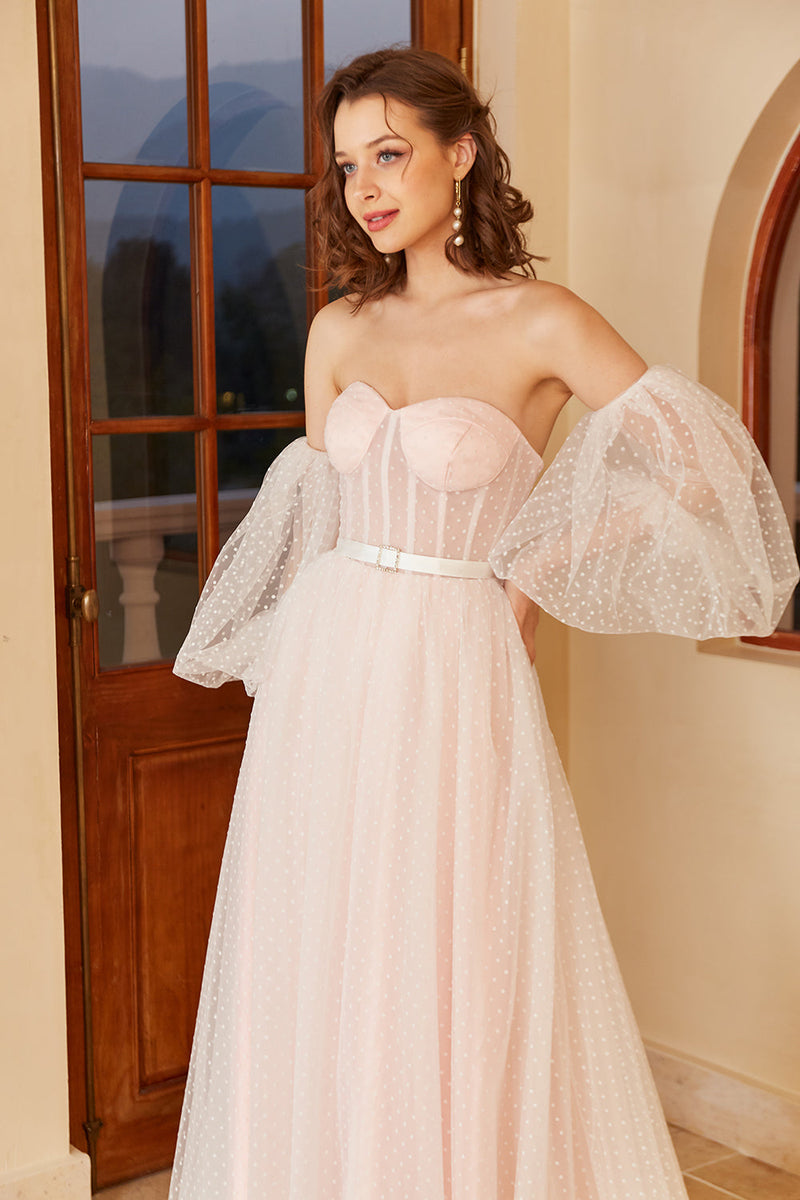 Load image into Gallery viewer, Pink Polka Dots Wedding Dress with Puff Sleeves