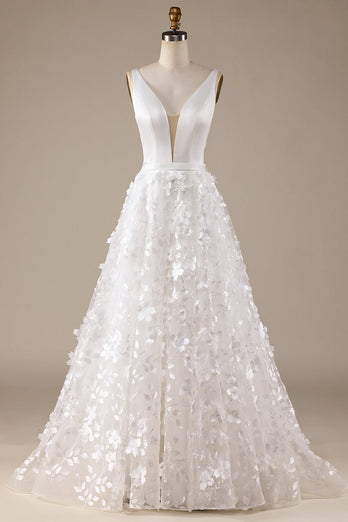 Ivory A-Line V-Neck Wedding Dress with 3D Flowers