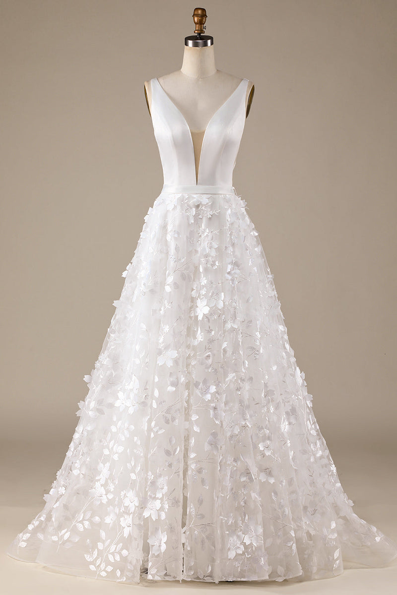 Load image into Gallery viewer, Ivory A-Line V-Neck Wedding Dress with 3D Flowers