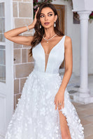 Load image into Gallery viewer, Gorgeous A Line V-Neck Ivory Long Wedding Dress with 3D Flowers