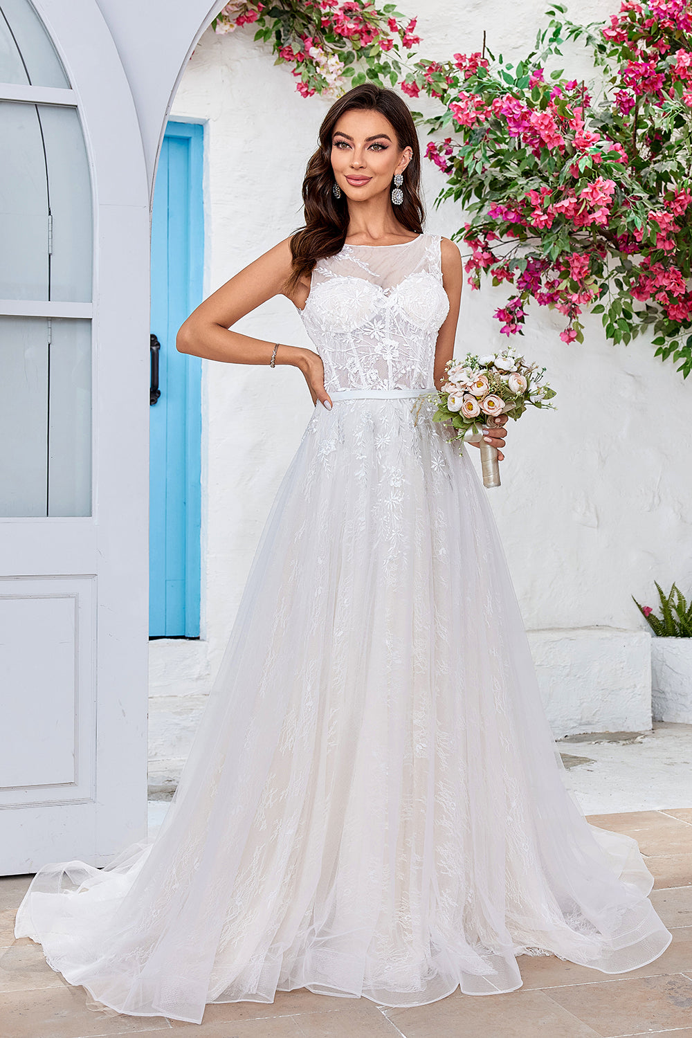 Chraming A Line Square Neck Champagne Tulle Wedding Dress with Lace