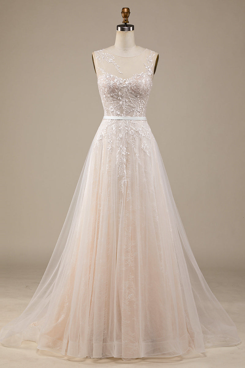 Load image into Gallery viewer, Champagne Tulle A-Line Sweep Train Wedding Dress with Lace