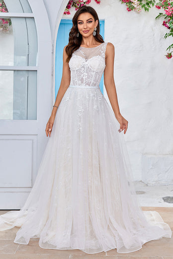 Chraming A Line Square Neck Champagne Tulle Wedding Dress with Lace