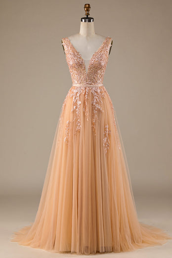 Champagne V-Neck Tulle Wedding Dress with Lace