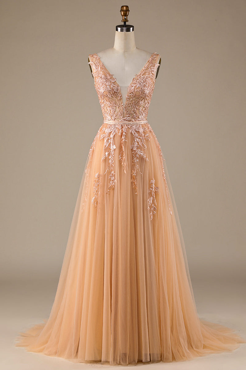 Load image into Gallery viewer, Champagne V-Neck Tulle Wedding Dress with Lace
