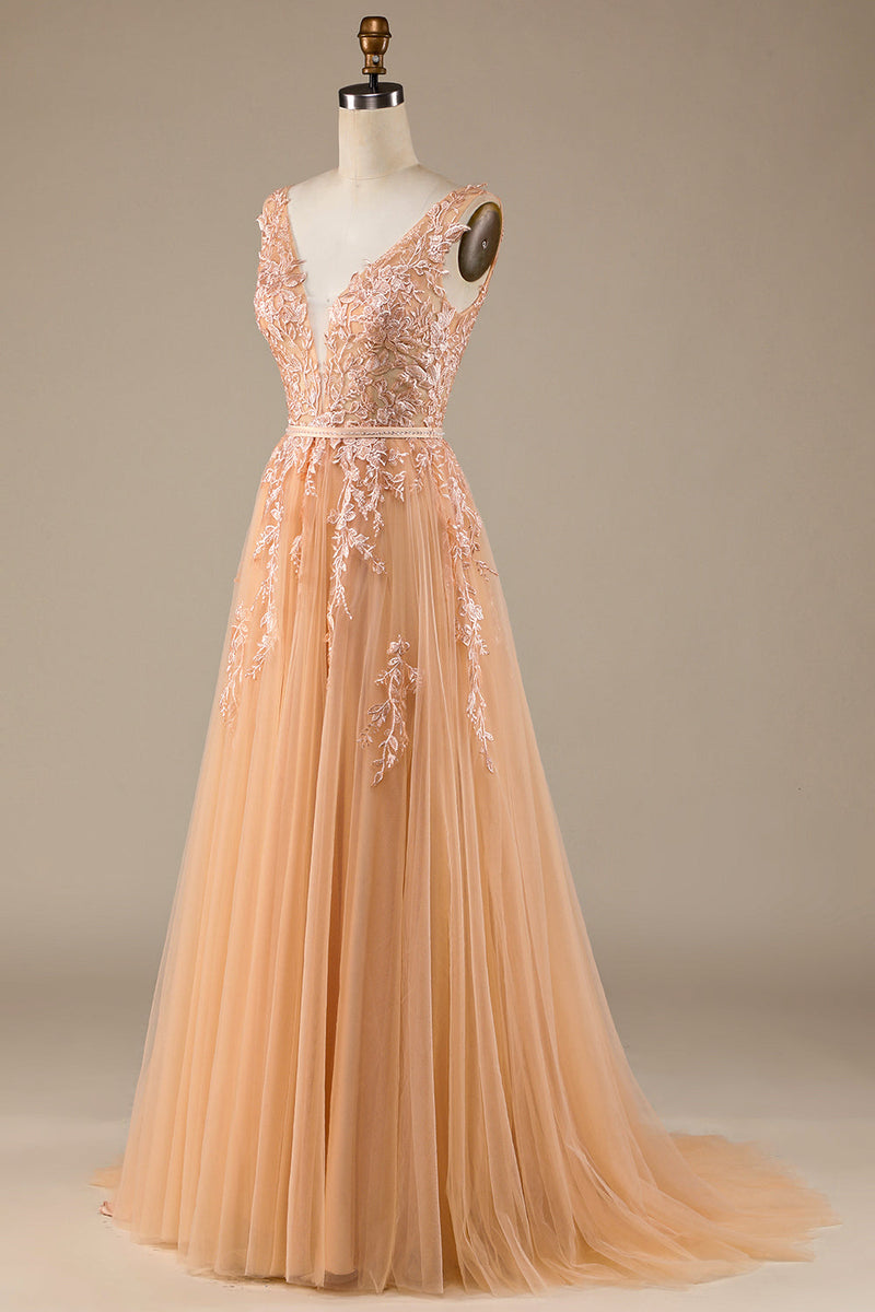 Load image into Gallery viewer, Champagne V-Neck Tulle Wedding Dress with Lace