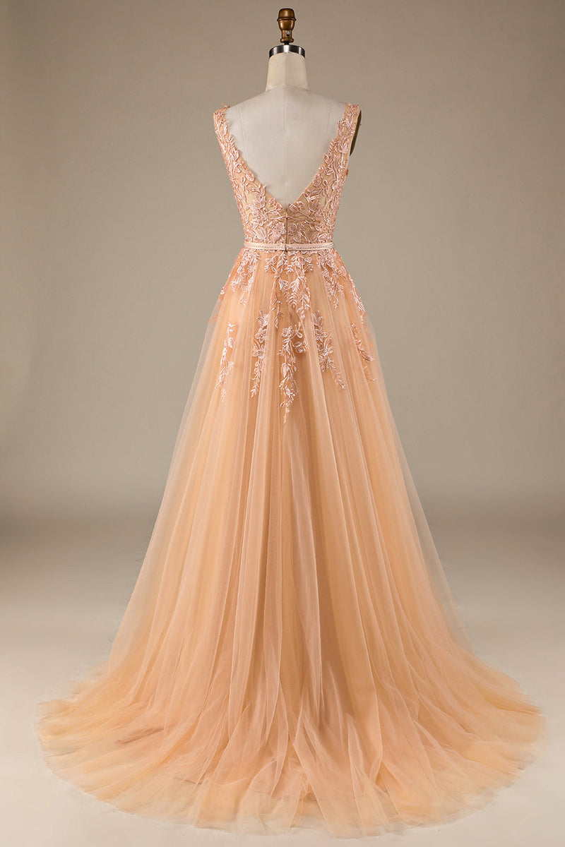 Load image into Gallery viewer, Champagne V-Neck Tulle Wedding Dress with Lace