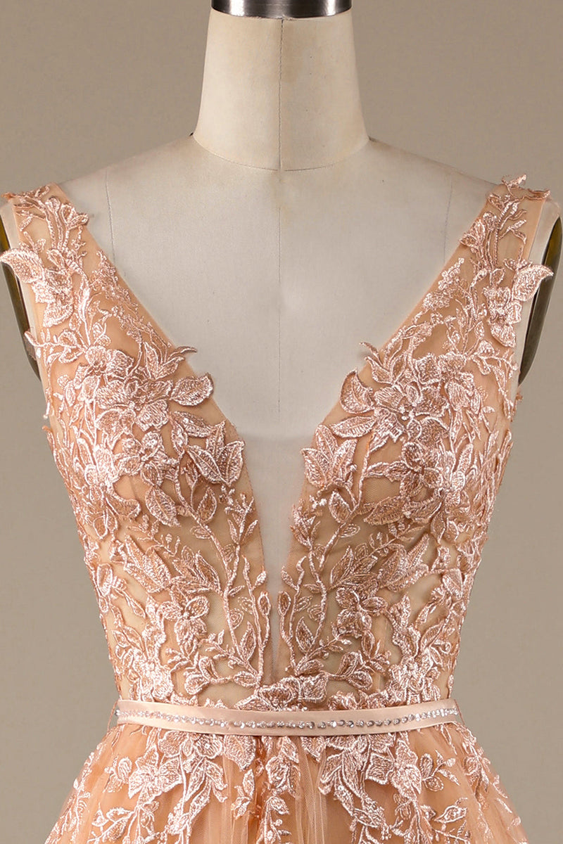 Load image into Gallery viewer, Champagne V-Neck Tulle Wedding Dress with Lace