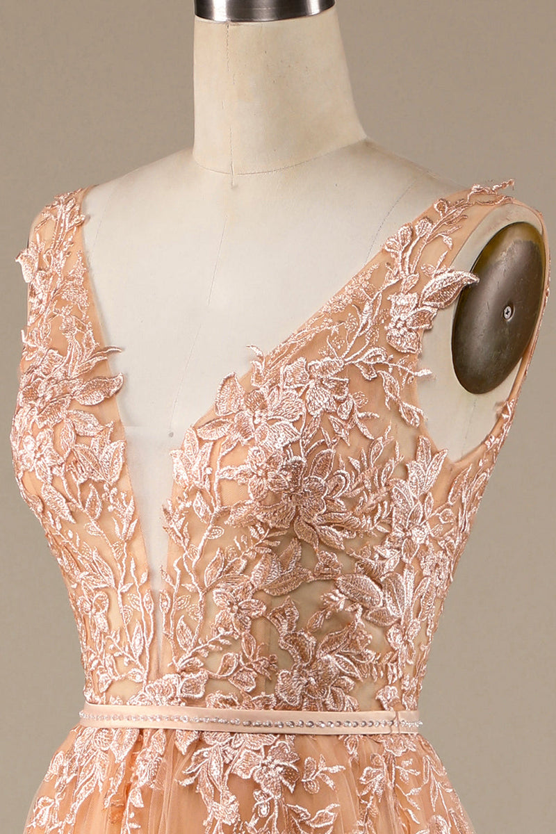 Load image into Gallery viewer, Champagne V-Neck Tulle Wedding Dress with Lace
