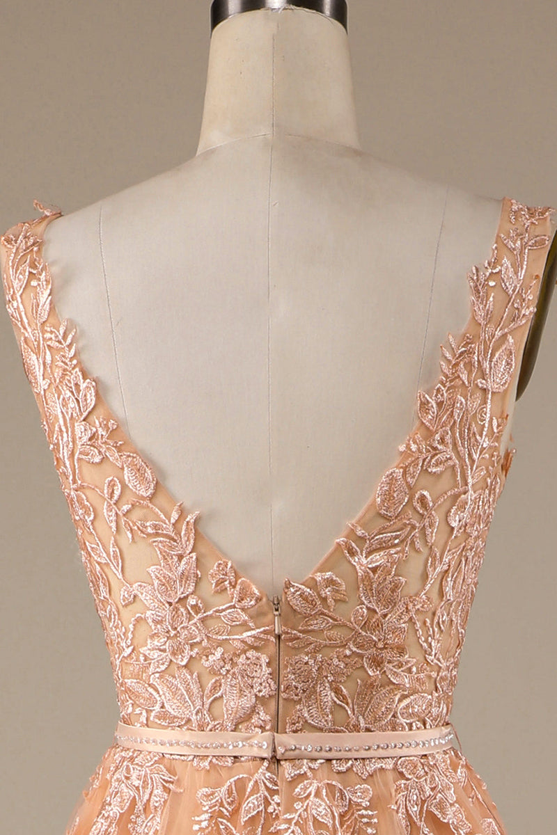 Load image into Gallery viewer, Champagne V-Neck Tulle Wedding Dress with Lace