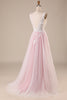 Load image into Gallery viewer, Pink A-Line Tulle Sweep Train Wedding Dress with Appliques