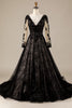 Load image into Gallery viewer, Sparkly Black Long Sleeves Chapel Train Lace Wedding Dress