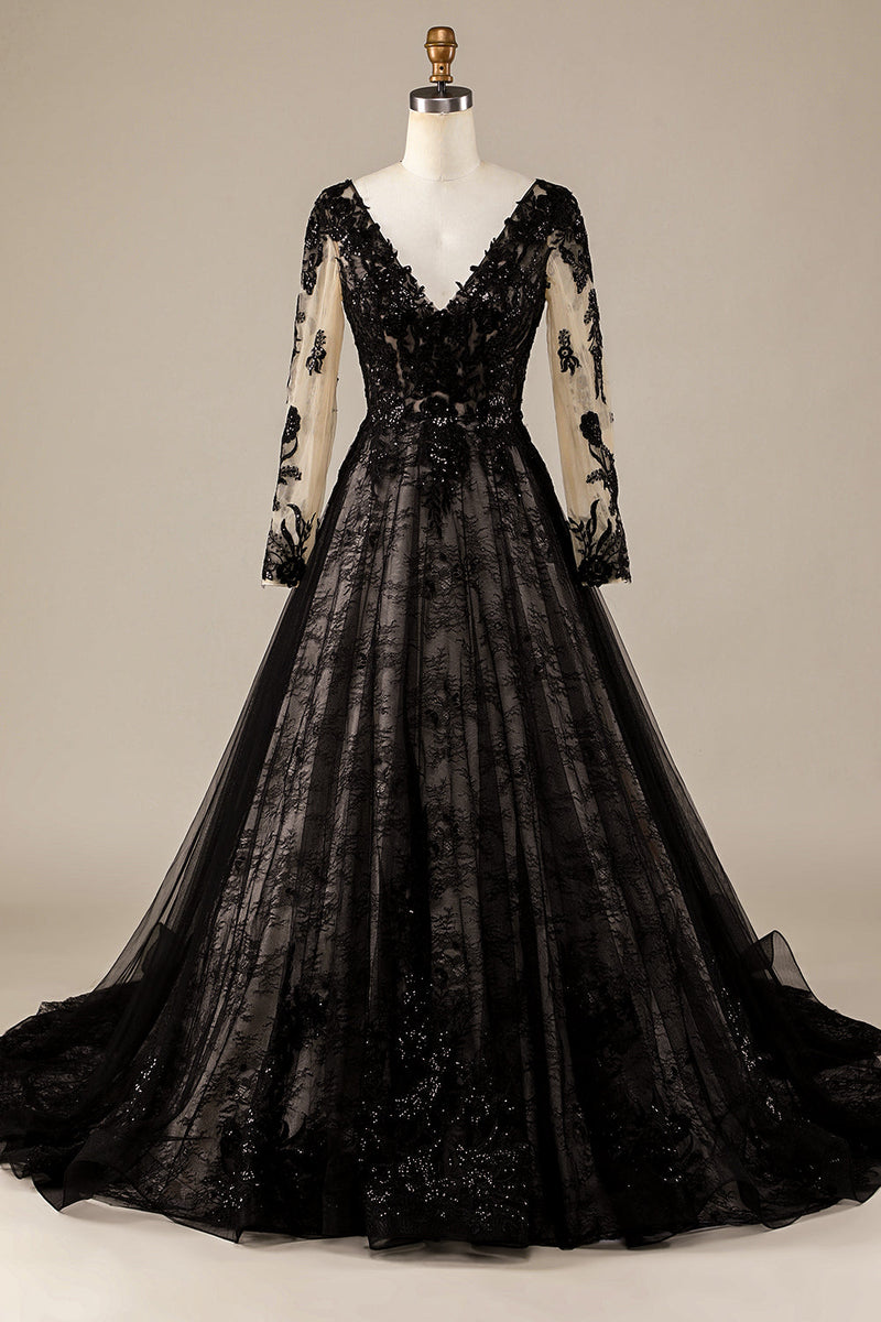Load image into Gallery viewer, Sparkly Black Long Sleeves Chapel Train Lace Wedding Dress