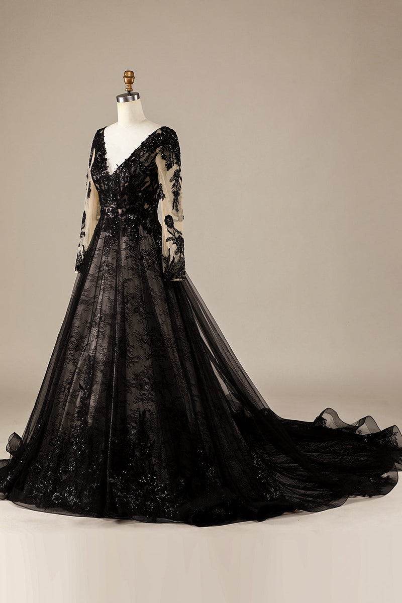 Load image into Gallery viewer, Sparkly Black Long Sleeves Chapel Train Lace Wedding Dress