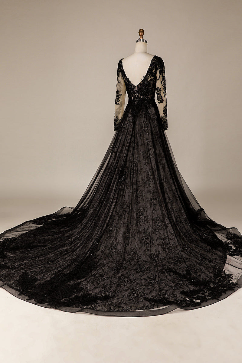 Load image into Gallery viewer, Sparkly Black Long Sleeves Chapel Train Lace Wedding Dress