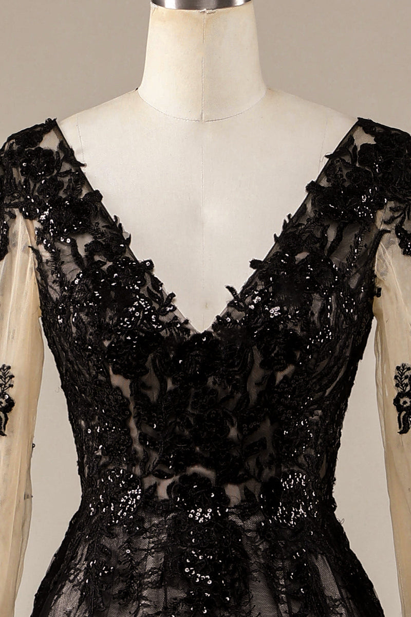 Load image into Gallery viewer, Sparkly Black Long Sleeves Chapel Train Lace Wedding Dress